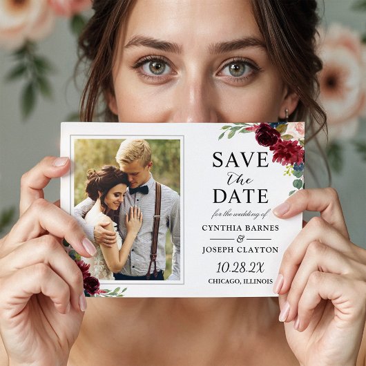 Maroon Red Floral bewaar de datum Foto Magnet