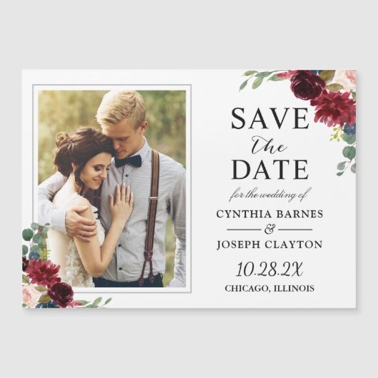 Maroon Red Floral bewaar de datum Foto Magnet (Voorkant)