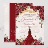 Maroon Red Floral Butterfly Elegant Quinceanera v2 Kaart (Voorkant / Achterkant)