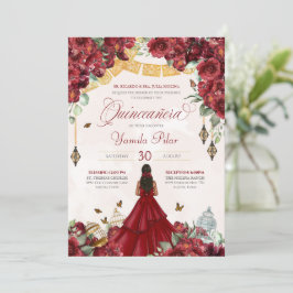 Maroon Red Floral Butterfly Elegant Quinceanera v4 Kaart