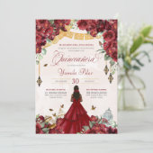 Maroon Red Floral Butterfly Elegant Quinceanera v5 Kaart (Staand voorkant)