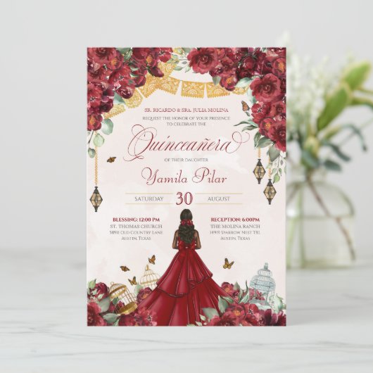 Maroon Red Floral Butterfly Elegant Quinceanera v5 Kaart (Staand voorkant)