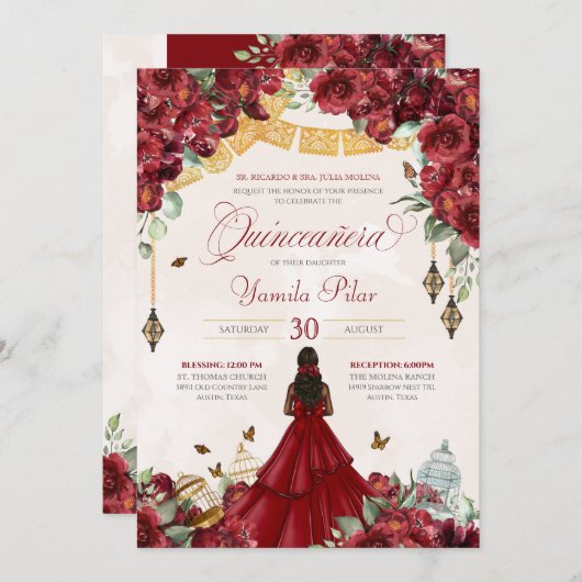 Maroon Red Floral Butterfly Elegant Quinceanera v5 Kaart (Voorkant / Achterkant)