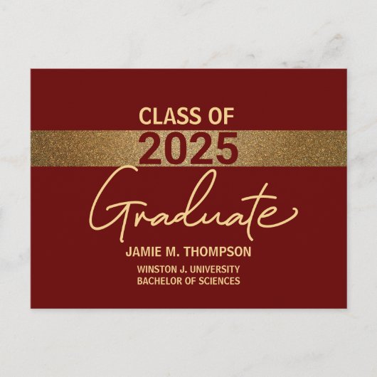Maroon Red Gold Class 2025 University Afstuderen Briefkaart (Voorkant)