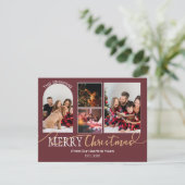 Maroon Red Gold Script Christmas Modern Collage Feestdagenkaart (Staand voorkant)