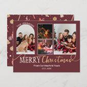 Maroon Red Gold Script Christmas Modern Collage Feestdagenkaart (Voorkant / Achterkant)