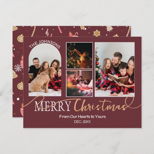 Maroon Red Gold Script Christmas Modern Collage Feestdagenkaart (Voorkant / Achterkant)