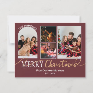 Maroon Red Gold Script Christmas Modern Collage Feestdagenkaart