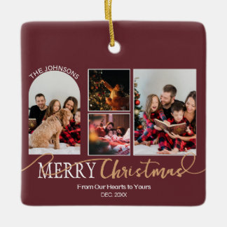 Maroon Red Gold Script Christmas Modern Collage Keramisch Ornament