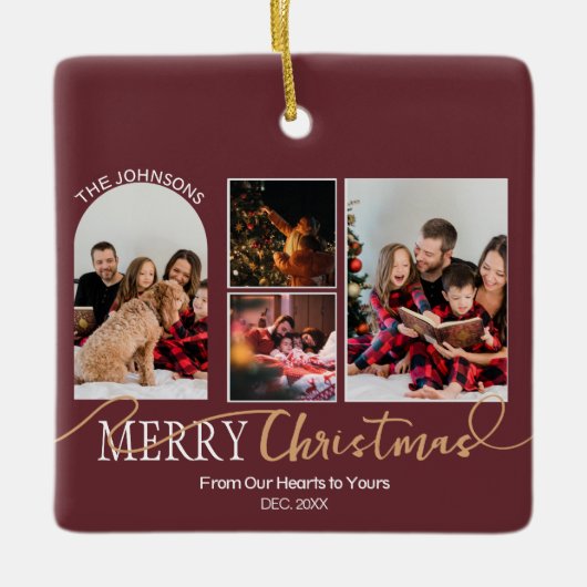Maroon Red Gold Script Christmas Modern Collage Keramisch Ornament (Voorkant)