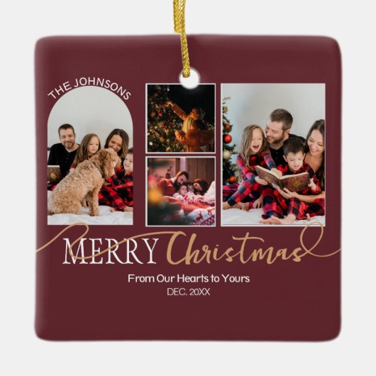 Maroon Red Gold Script Christmas Modern Collage Keramisch Ornament (Voorkant)