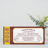 Maroon Red & Gold Ticket Afstudeerfeest Uitnodigen Kaart (Staand voorkant)