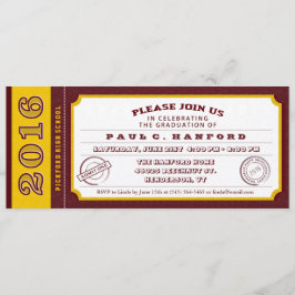 Maroon Red & Gold Ticket Afstudeerfeest Uitnodigen Kaart