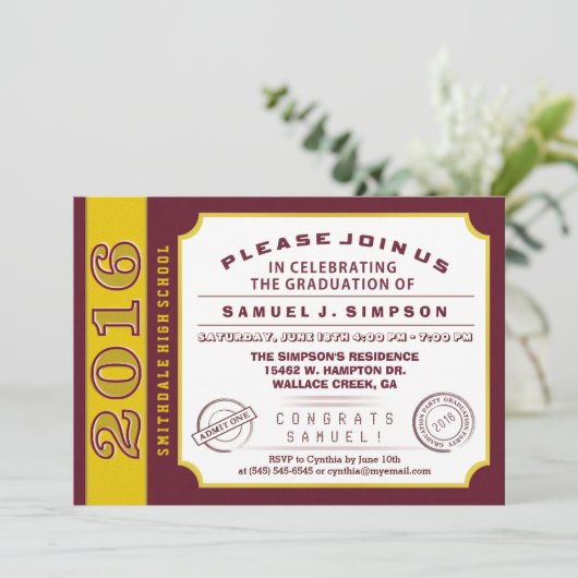 Maroon Red & Gold Ticket Afstuderen 2016 Kaart (Staand voorkant)