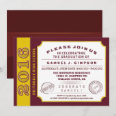 Maroon Red & Gold Ticket Afstuderen 2016 Kaart (Voorkant / Achterkant)