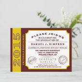 Maroon Red & Gold Ticket Afstuderen Uitnodiging (Staand voorkant)