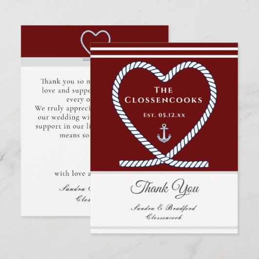 Maroon Red Nautical Line Heart Anchor Wedding Bedankkaart (Voorkant / Achterkant)