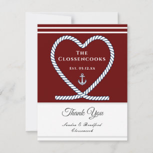 Maroon Red Nautical Line Heart Anchor Wedding Bedankkaart