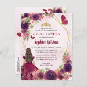 Maroon Red Plum Gold Floral Princess Quinceañera Uitnodiging Briefkaart (Voorkant / Achterkant)