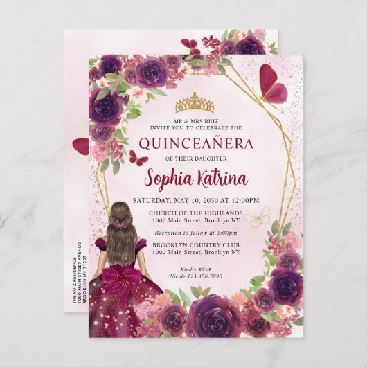 Maroon Red Plum Gold Floral Princess Quinceañera Uitnodiging Briefkaart (Voorkant / Achterkant)