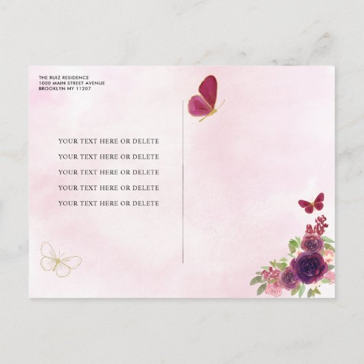 Maroon Red Plum Gold Floral Princess Quinceañera Uitnodiging Briefkaart (Achterkant)