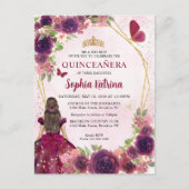 Maroon Red Plum Gold Floral Princess Quinceañera Uitnodiging Briefkaart (Voorkant)