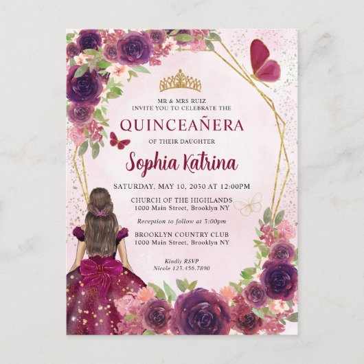 Maroon Red Plum Gold Floral Princess Quinceañera Uitnodiging Briefkaart (Voorkant)