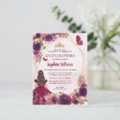 Maroon Red Plum Gold Floral Princess Quinceañera Uitnodiging Briefkaart (Staand voorkant)