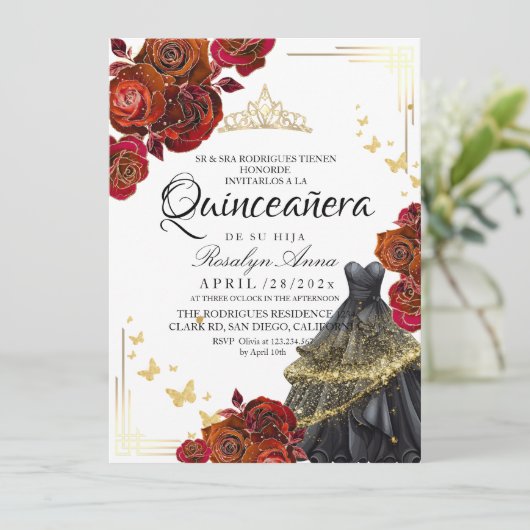 Maroon Red Rose Gold Butterfly Quinceañera Kaart (Staand voorkant)
