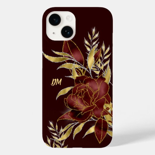 Maroon Red Rose Gold Leaves Monogram Case-Mate iPhone Case (Achterkant)