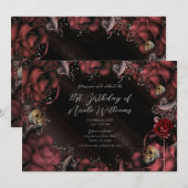 Maroon Red Rust Rozen & Skulls Birthday Party Kaart (Voorkant / Achterkant)