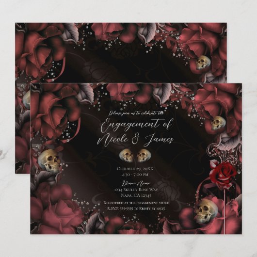 Maroon Red Rust Rozen & Skulls Engagement Party Kaart (Voorkant / Achterkant)