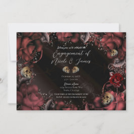 Maroon Red Rust Rozen & Skulls Engagement Party Kaart
