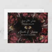 Maroon Red Rust Rozen Skulls Gothic Save the Date Aankondigingskaart (Voorkant / Achterkant)