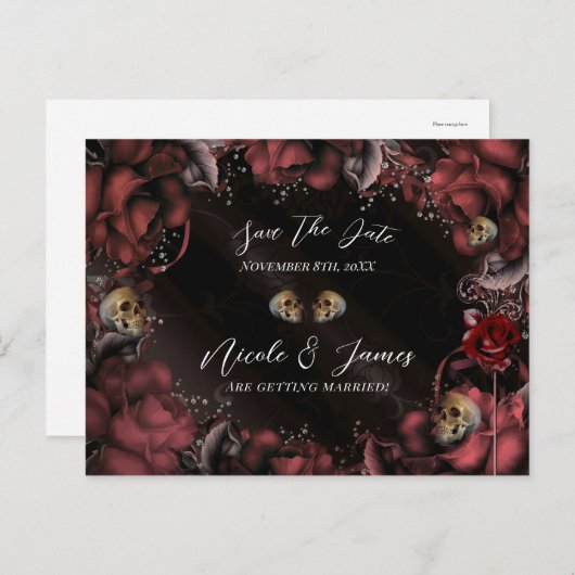Maroon Red Rust Rozen Skulls Gothic Save the Date Aankondigingskaart (Voorkant / Achterkant)
