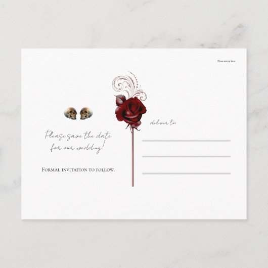 Maroon Red Rust Rozen Skulls Gothic Save the Date Aankondigingskaart (Achterkant)