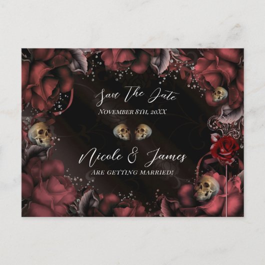 Maroon Red Rust Rozen Skulls Gothic Save the Date Aankondigingskaart (Voorkant)