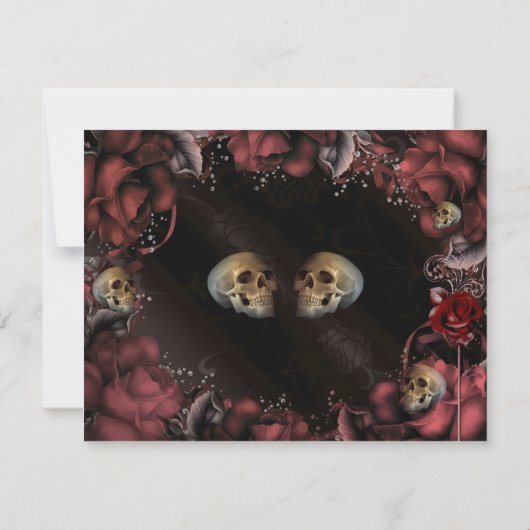 Maroon Red Rust Rozen & Skulls Wedding RSVP Kaart (Achterkant)