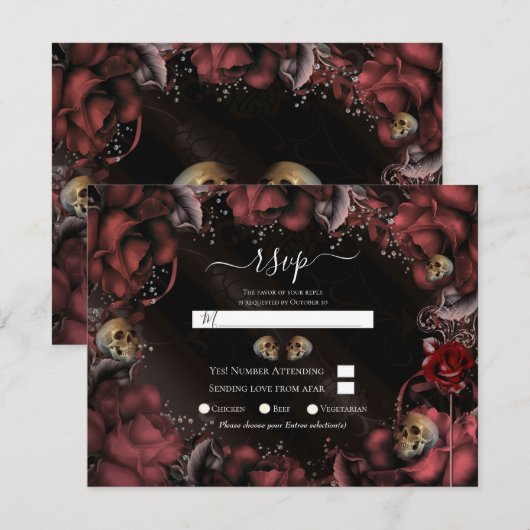 Maroon Red Rust Rozen & Skulls Wedding RSVP Kaart (Voorkant / Achterkant)