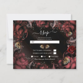 Maroon Red Rust Rozen & Skulls Wedding RSVP Kaart