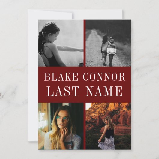 Maroon Red Simple Name afstuderen foto Aankondiging (Voorkant)