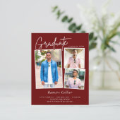 Maroon Red White 3 Photo Afstuderen Invitation (Staand voorkant)