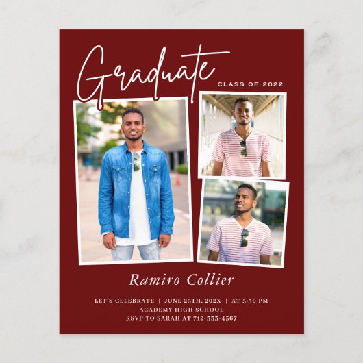 Maroon Red White 3 Photo Afstuderen Invitation (Voorkant)