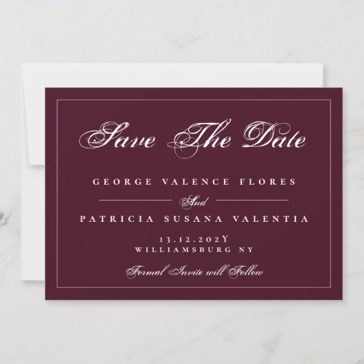 Maroon Red White - klassieke, elegante foto Save The Date (Voorkant)