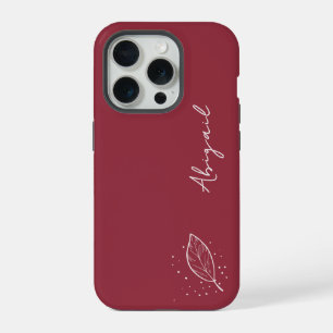 Maroon Red, Witte naam, Minimalistisch blad en Sti iPhone 15 Pro Case