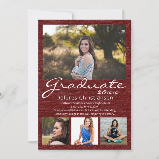 Maroon Red Woodgrain Modern 4 Foto Afstuderen Kaart (Voorkant)