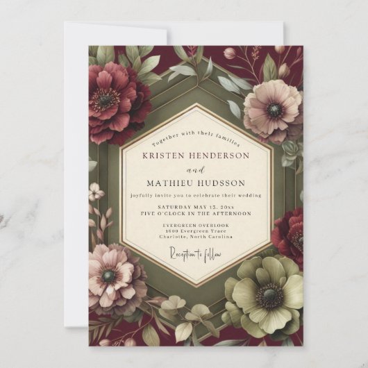 Maroon Renaissance Bloom Wedding Kaart (Voorkant)