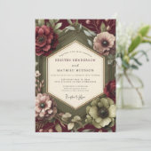 Maroon Renaissance Bloom Wedding Kaart (Staand voorkant)