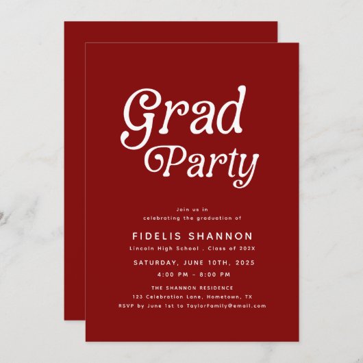 Maroon Retro Graduation Invitation Kaart (Voorkant / Achterkant)