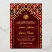 Maroon Rode Marokkaanse Arch Moslim Bruiloft Goud Folie Uitnodiging (Voorkant)